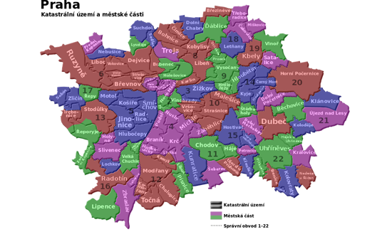 Mapka pražských městských částí, katastrálních území a správních obvodů